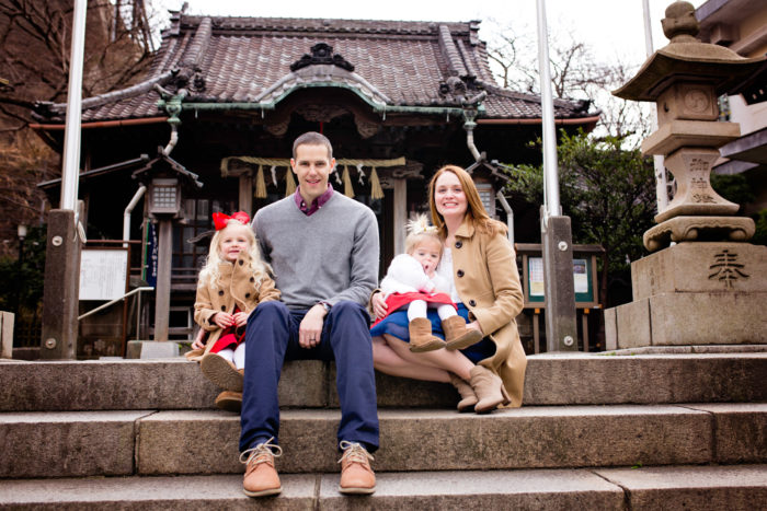 family of 4 in front of yokosuka temple